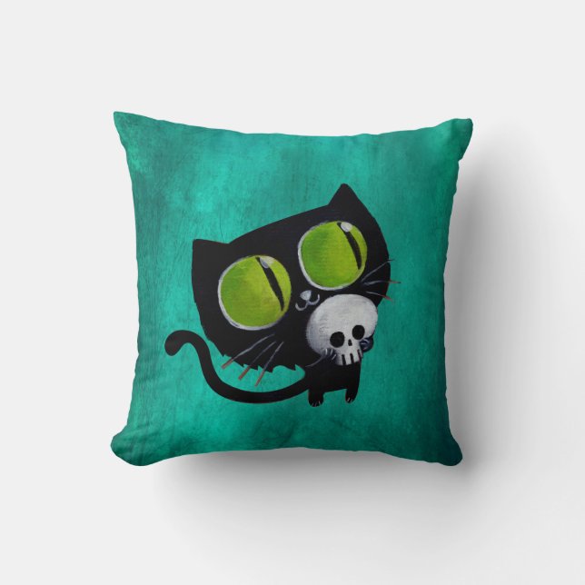 Black Halloween Cat with Skull Cushion (Front)