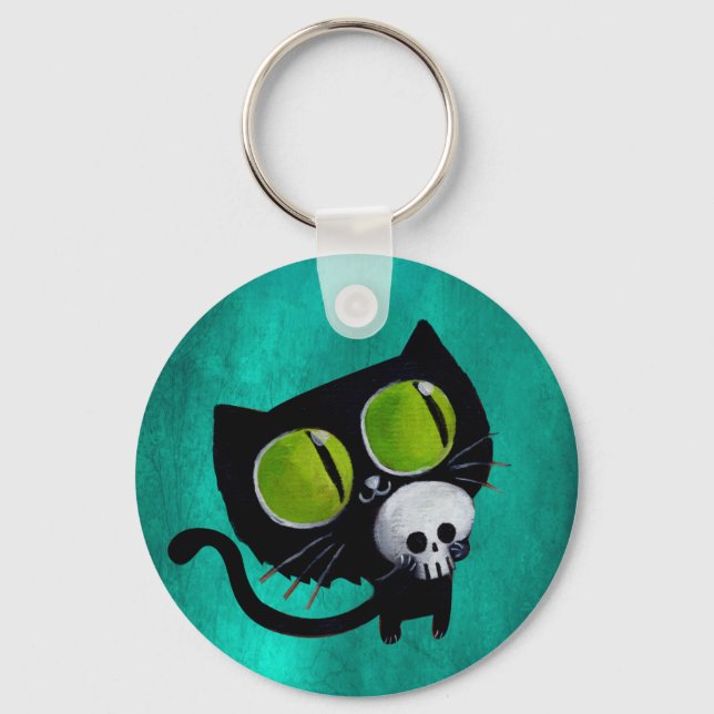 Black Halloween Cat with Skull Key Ring (Front)