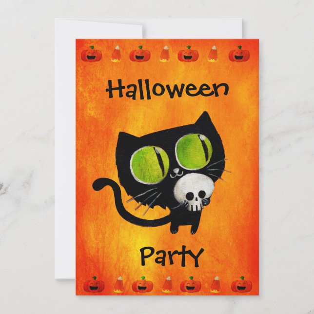 Black Halloween Cat with Skull Party Invitation (Front)