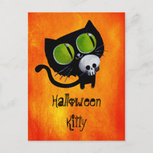 Black Halloween Cat with Skull Postcard