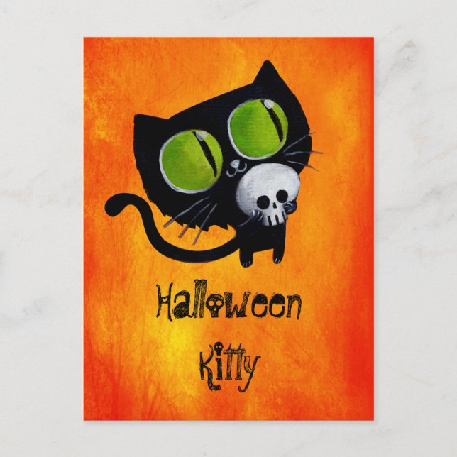Black Halloween Cat with Skull Postcard (Front)