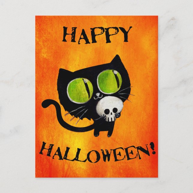Black Halloween Cat with Skull Postcard (Front)