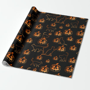 Black Halloween Cats and Jack-o-Lantern Pattern Wrapping Paper