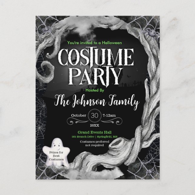 Black Halloween Costume Party Invitation  Postcard (Front)
