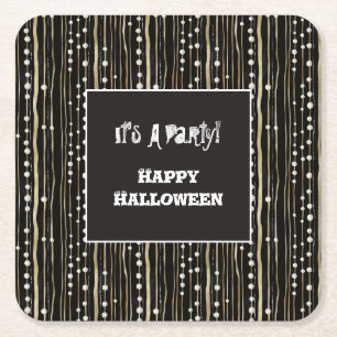 Black Halloween Gold White Pearls costume party Square Paper Coaster
