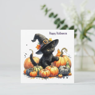 Black Halloween Kitten With Pumpkins & Witch's Hat Holiday Card