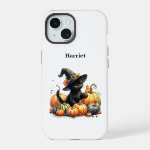 Black Halloween Kitten With Pumpkins & Witch's Hat iPhone 15 Case