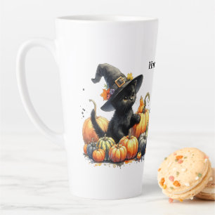 Black Halloween Kitten With Pumpkins & Witch's Hat Latte Mug