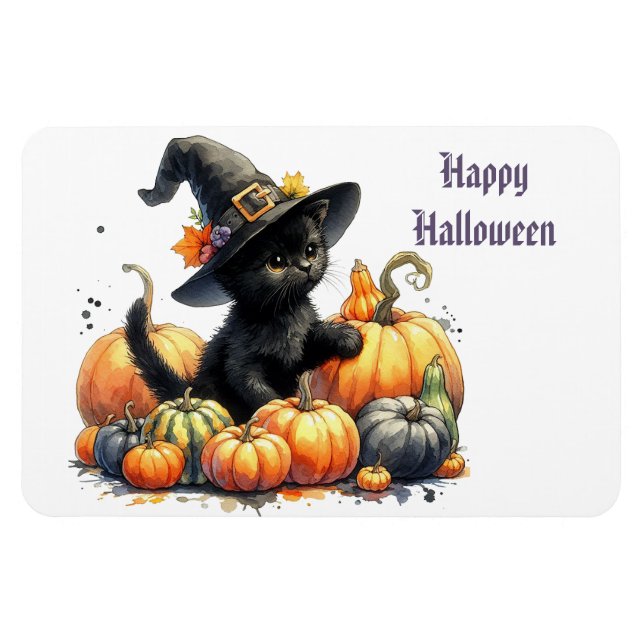 Black Halloween Kitten With Pumpkins & Witch's Hat Magnet (Horizontal)