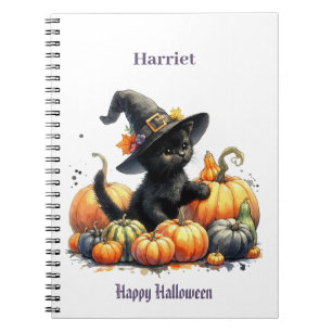 Black Halloween Kitten With Pumpkins & Witch's Hat Notebook