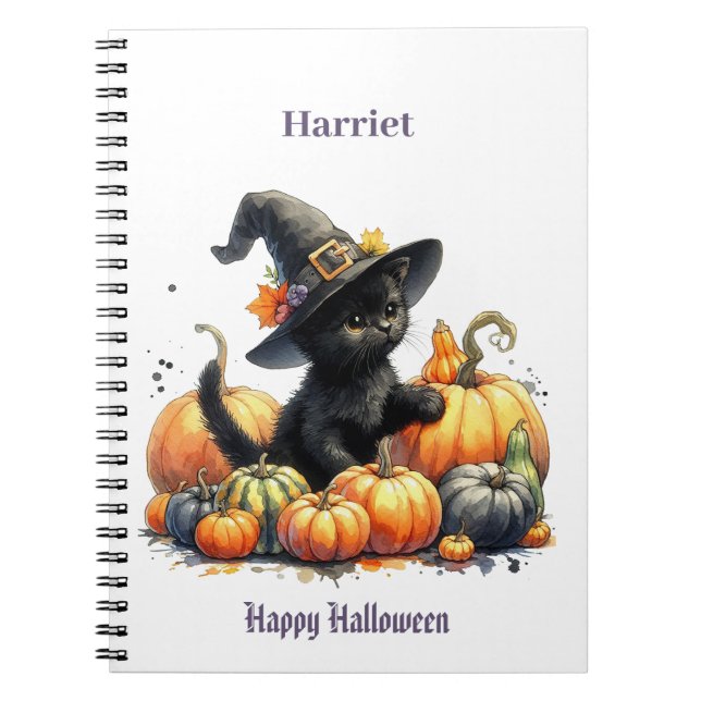 Black Halloween Kitten With Pumpkins & Witch's Hat Notebook (Front)