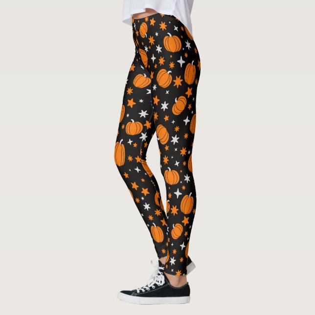 Black Halloween Leggings with Cute Orange Pumpkins (Left)