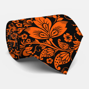 Black & Halloween Orange Floral Pattern Tie