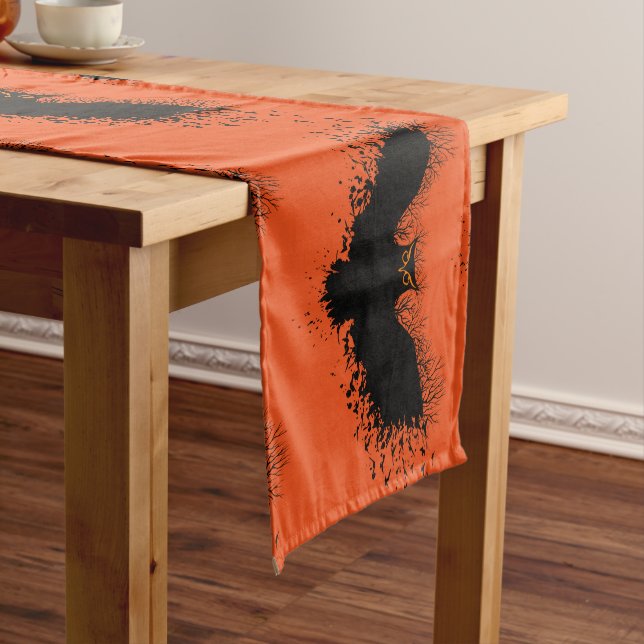 Black halloween Owl Over Orange Medium Table Runner (In Situ)