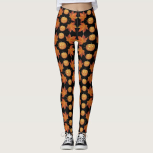 Black Halloween Pumpkin & Autumn Leaves Pattern Leggings