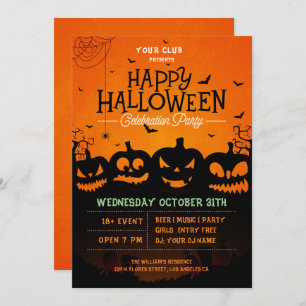 Black halloween pumpkins spiders and bats invite