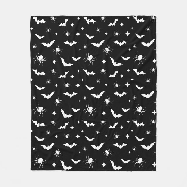 Black Halloween Scary Bats and Spiders Pattern Fleece Blanket (Front)
