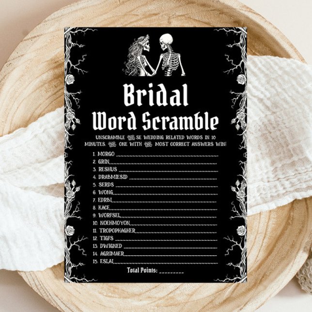 Black Halloween Skeleton Bridal Word Scramble Game Invitation (Black Halloween Skeleton Bridal Word Scramble Game)