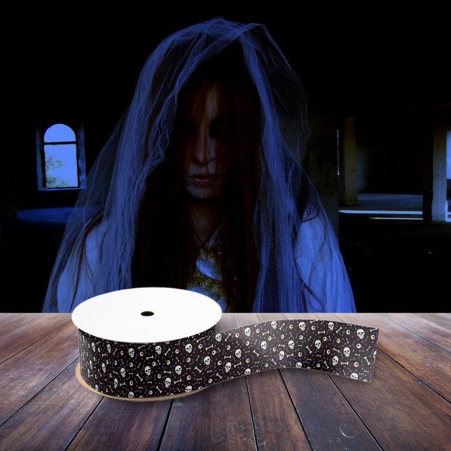 Black Halloween Skull Eyeballs Bones Pattern Grosgrain Ribbon (Creator Uploaded)
