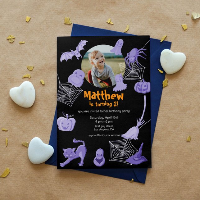 Black Halloween-themed birthday party invitation (Birthday party invitation with Halloween theme, customizable with photo and editable text.)