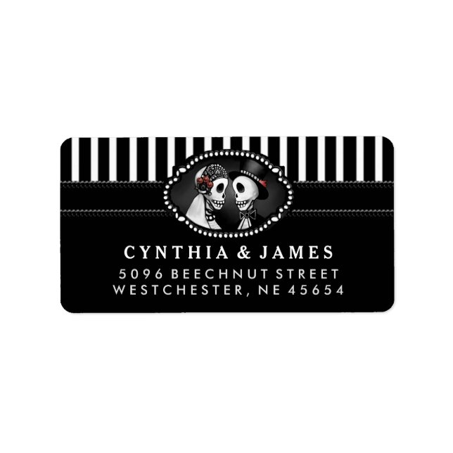 Black Halloween Wedding Skeletons Stripe Address Label (Front)
