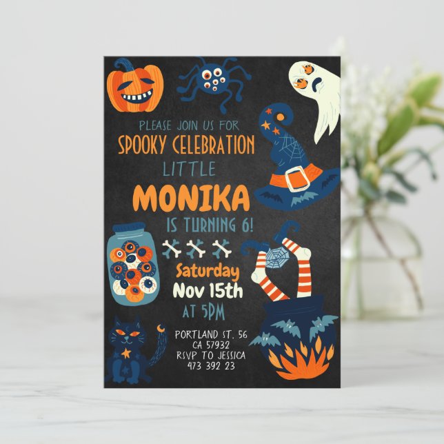 Black Halloween Witch Cauldron Birthday Invitation (Standing Front)