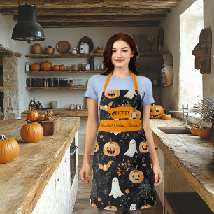 Black Halloween with Ghosts, Pumpkins, and Bats Apron
