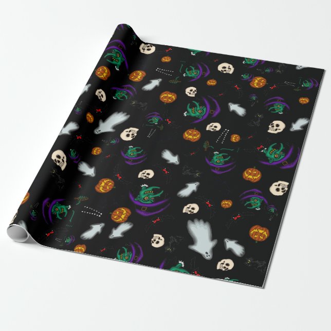 Black Halloween Wrapping Paper (Unrolled)