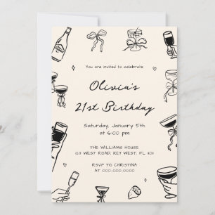 Black Hand Drawn Adult Birthday Party  Invitation