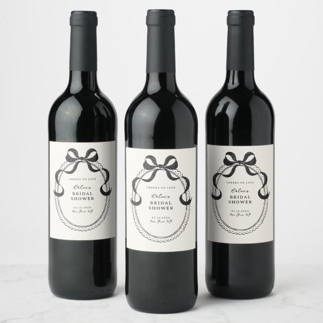 Black Hand Drawn Bow Frame Bridal Shower Wine Label (Bottles)