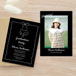 Black Hand Drawn Bow She did it Photo Grad Party Invitation