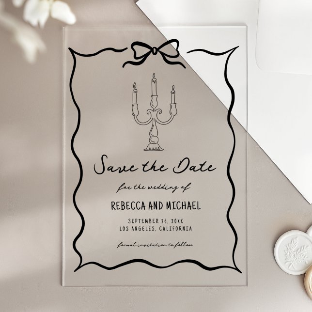 Black Hand Drawn Bow Wedding Save the Date Acrylic Invitations (Creator Uploaded)