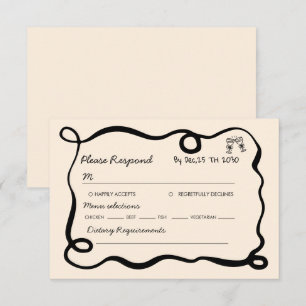 Black hand drawn champagne whimsical wedding RSVP card