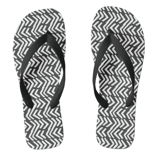 Black Hand Drawn Chevron Pattern Thongs (Footbed)