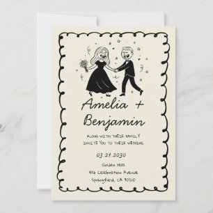 black hand drawn couple Whimsical Wedding  Invitation