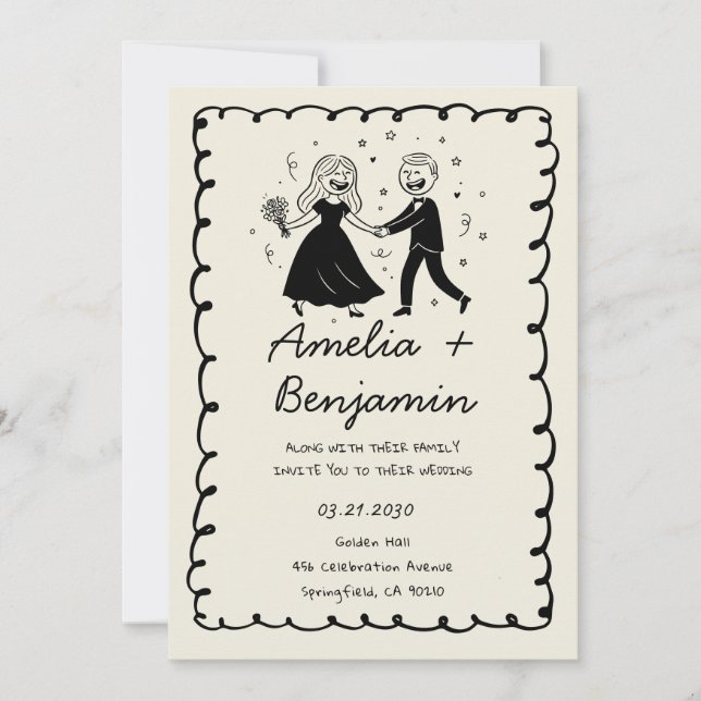 black hand drawn couple Whimsical Wedding  Invitation (Front)