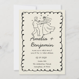 black hand drawn couple Whimsical Wedding  Invitation