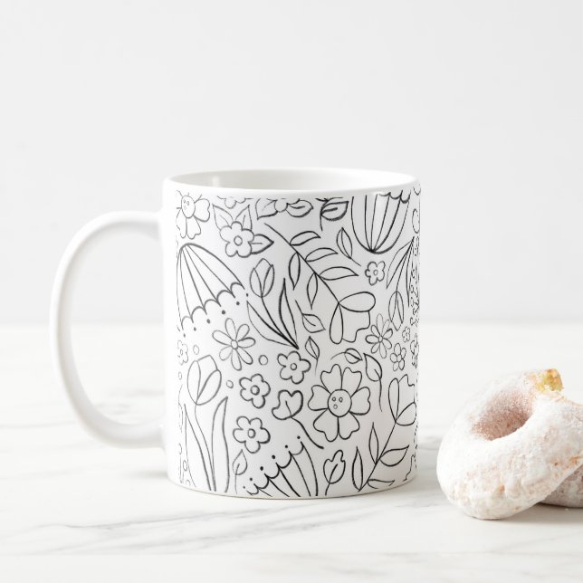 Black hand drawn doodle flowers mug (With Donut)