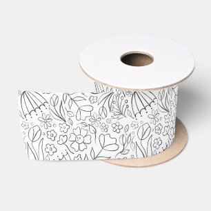 Black hand drawn doodle flowers satin ribbon