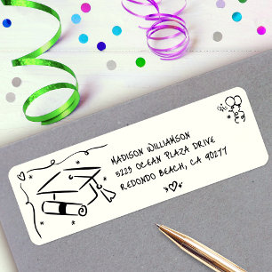 Black Hand Drawn Doodle Graduate Cap Cream Address Return Address Label