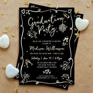 Black Hand Drawn Doodle Graduation Party Real Gold