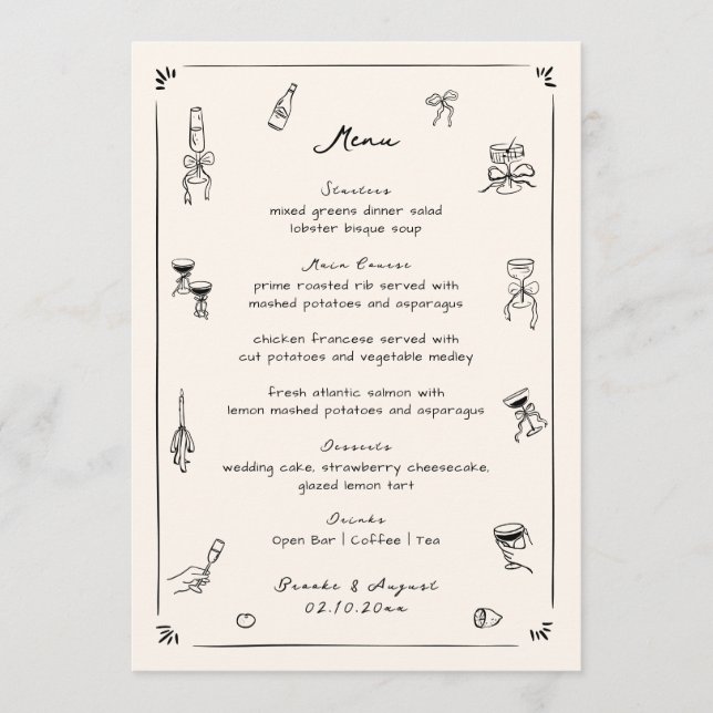 Black Hand Drawn Doodle Wedding  Menu (Front)