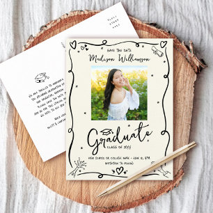 Black Hand Drawn Doodles Graduation Photo Cream Invitation Postcard