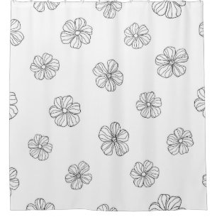 Black hand drawn flowers on white background. Seam Shower Curtain