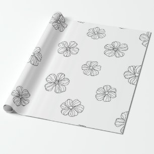 Black hand drawn flowers on white background. Seam Wrapping Paper
