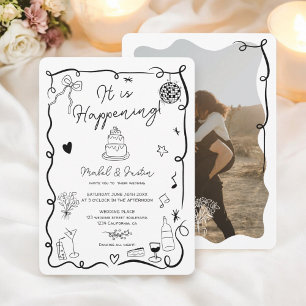 Black hand drawn illustrated photo wedding invitation