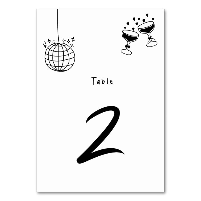 Black Hand Drawn Illustrations Doodles Wedding Table Number (Front)