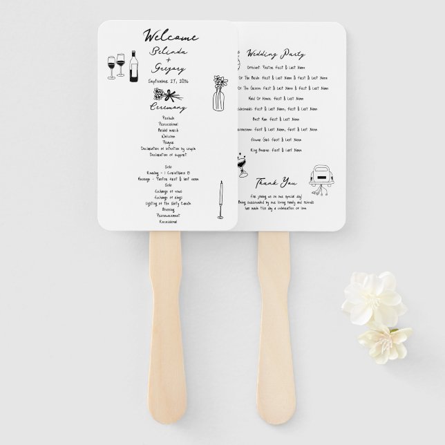 Black Hand Drawn Illustrations Wedding Program Hand Fan (Front and Back)