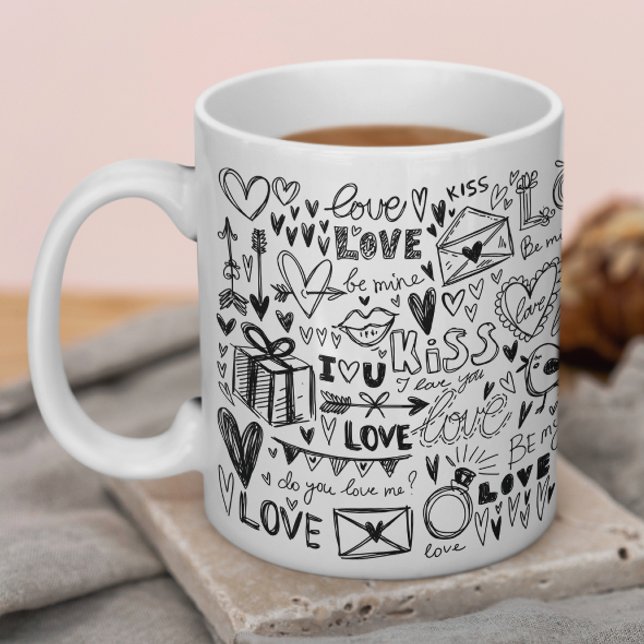 Black Hand Drawn Valentines Day Love Doodles Coffee Mug (Creator Uploaded)