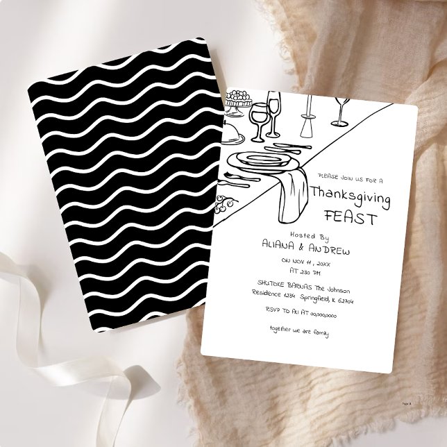 Black Hand Drawn Whimsy Thanksgiving Dinner Invitation (Creator Uploaded)